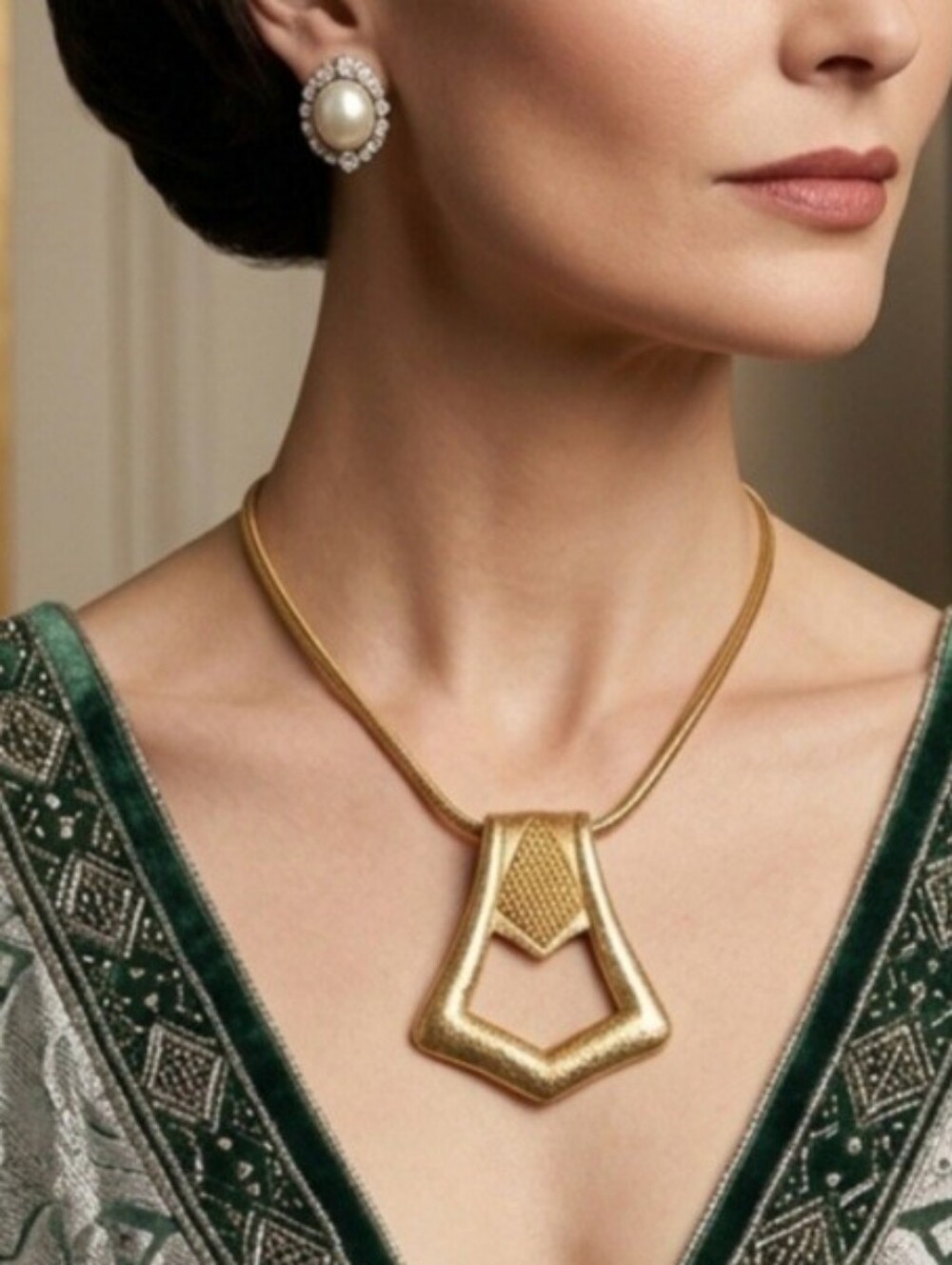 Gold-Tone Textured Geometric Pendant  - Pauline Rader Vintage Statement Jewelry